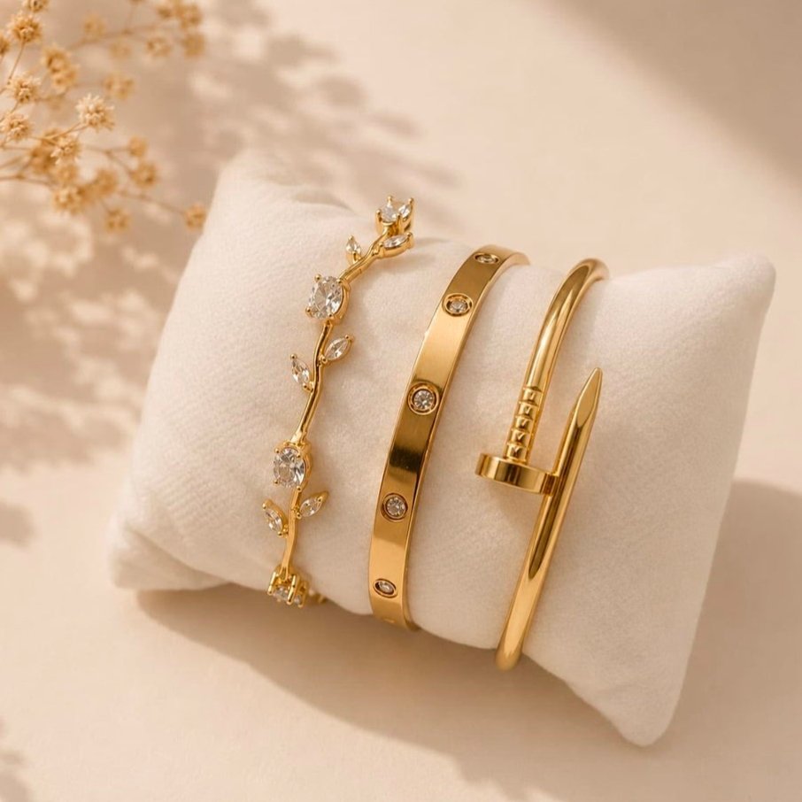 3-Piece Gold Plated Stacking Bracelet Set for Women - Love Bangle, Nail Cuff & Floral Crystal Bracelet Set